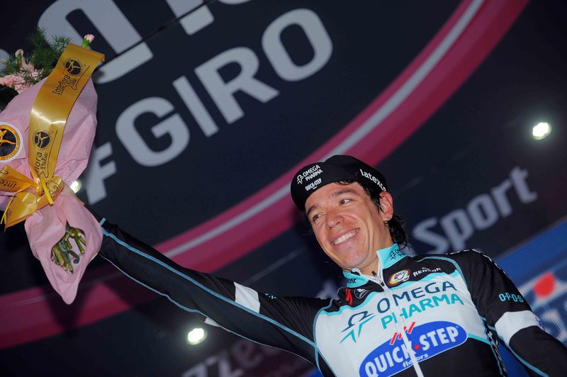 Giro d`Italia - stage 12 - Cycling: 97th Tour of Italy 2014 / Stage 12 
Podium / URAN Rigoberto (COL)/ Celebration Joie Vreugde / 
Barbaresco - Barolo (41,9Km)/ 
Giro Tour Ronde van Italie Time Trial Contre la Montre Tijdrit TT / /(c) Tim De Waele